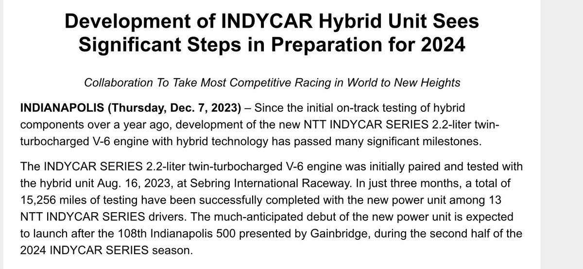 #IndyCar hybrid engine scheduled to debut after 2024 #Indy500