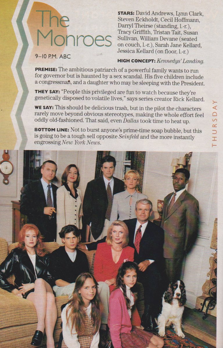 THE MONROES. 1995. 

David Andrews, Lynn Clark, Steven Eckholdt, Cecil Hoffmann, Darryl Theirse, Tristan Tait, Susan Sullivan, William Devane, Sarah Jane Kellard, Jessica Kellard. #TheMonroes #TVGuide