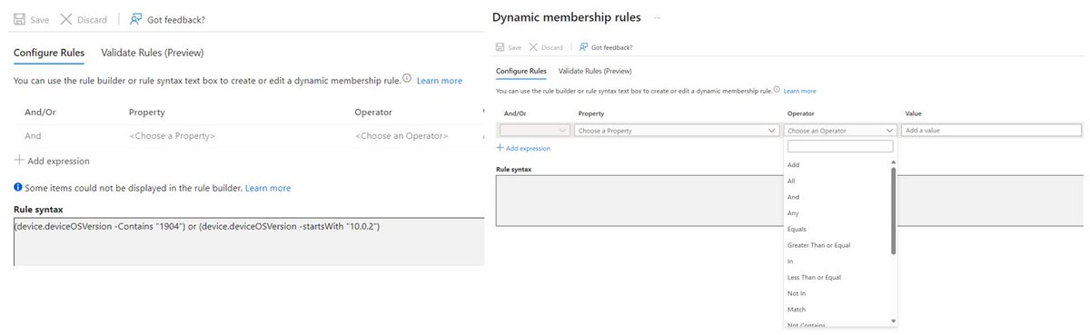 panusaukko's tweet image. Anyone else noticed that &quot;contains&quot; operator is now missing when you create a new #EntraID dynamic group? 
If you click Edit, you can use &quot;contains&quot; but if you use it, you cannot edit the query graphically. 
#AAD @IntuneSuppTeam