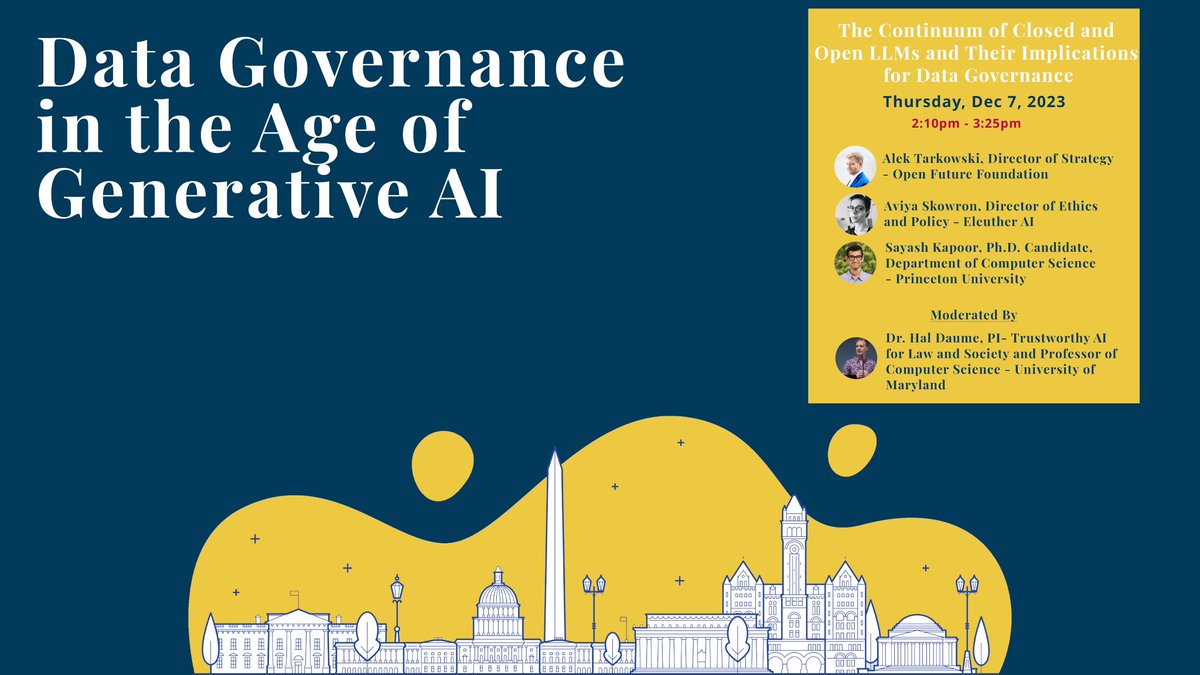 The Digital Trade and Data Governance Hub (@datagovhub) on Twitter photo Our second panel will discuss "The Continuum of Closed and Open #LLMs and Their Implications For #DataGovernance." Our panelists are <a href="/OpenFutureEU/">OpenFuture</a>'s <a href="/atarkowski/">Alek Tarkowski</a>, <a href="/AiEleuther/">EleutherAI</a>'s <a href="/aviskowron/">Aviya Skowron</a>, and <a href="/Princeton/">Princeton University</a>'s <a href="/sayashk/">Sayash Kapoor</a>, moderated by Dr. <a href="/haldaume3/">Hal Daumé III</a> . Tune in live to #DataGovGenAI2023. Our second panel will discuss "The Continuum of Closed and Open #LLMs and Their Implications For #DataGovernance." Our panelists are <a href="/OpenFutureEU/">OpenFuture</a>'s <a href="/atarkowski/">Alek Tarkowski</a>, <a href="/AiEleuther/">EleutherAI</a>'s <a href="/aviskowron/">Aviya Skowron</a>, and <a href="/Princeton/">Princeton University</a>'s <a href="/sayashk/">Sayash Kapoor</a>, moderated by Dr. <a href="/haldaume3/">Hal Daumé III</a> . Tune in live to #DataGovGenAI2023.