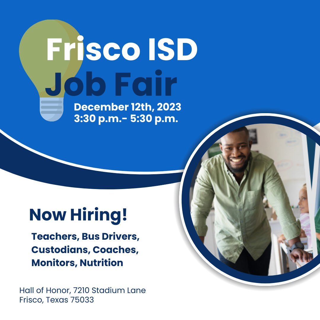 TOT_ACP's tweet image. Calling all aspiring Texas educators! 📣
Join Frisco ISD for a career fair happening December 12th. This is a great opportunity to take another step in becoming an educator!
#FISDCareerFair #BecomeATeacher #AltCertProgram

Register below! ⬇️
hubs.ly/Q02cp1pL0