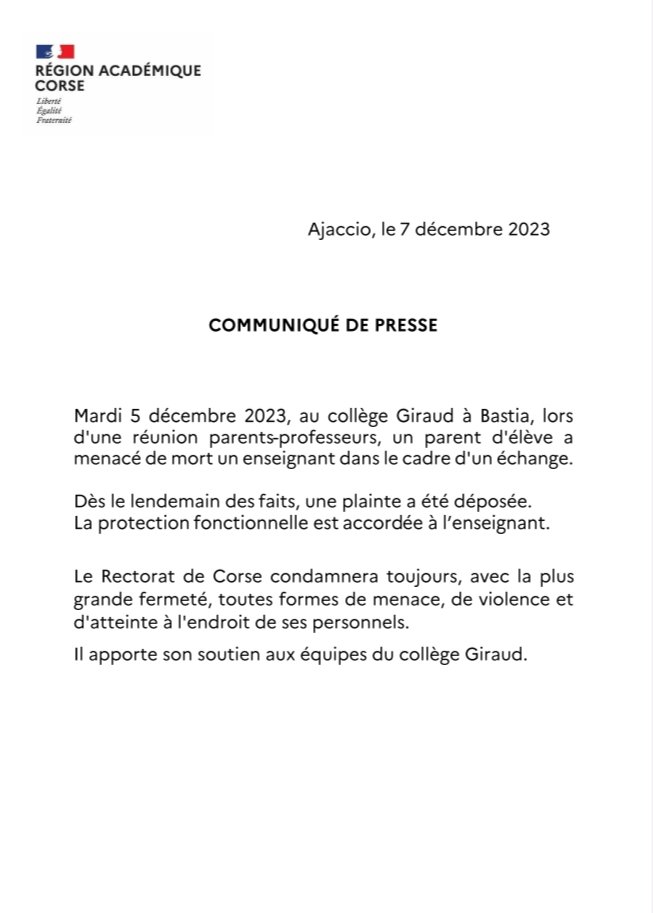 #Communiqué | Le rectorat de Corse condamnera toujours avec la plus grande fermeté, toutes formes de menace, de violence et d'atteinte à l'endroit de ses personnels. Il apporte son soutien aux équipes du collège Giraud.
