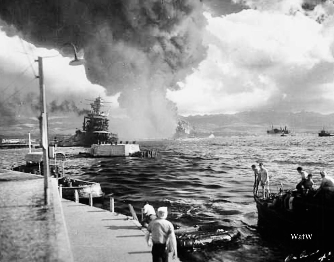 Smoke pours from the USS Arizona on Battleship Row during the Japanese attack on Pearl Harbour - 7th Dec 1941 #pearlharbour #pearlharbor #hawaii #ussarizona