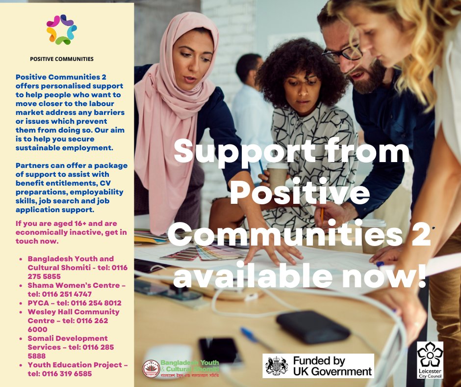 Really pleased to announce <a href="/Positive_Coms/">Positive Communities</a> Two is now open for business. Personalised support for people aged 16+ in #Leicester who are economically inactive.

Interested? Get in touch with one of our partners.

#UKSPF #Employability