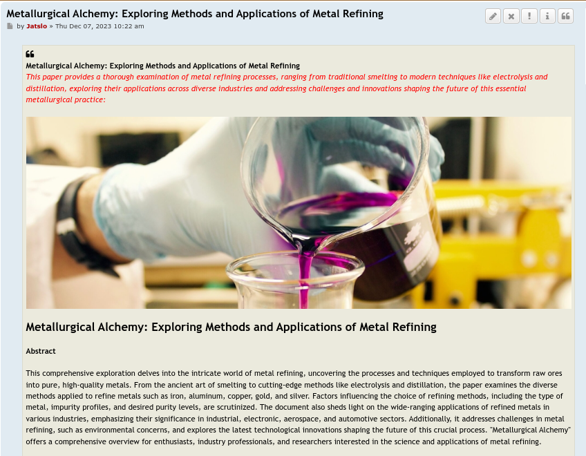 Jatslo's tweet image. Dive into the fascinating world of metal refining in our latest paper, 'Metallurgical Alchemy.' From ancient smelting to cutting-edge electrolysis, explore methods shaping industries, addressing challenges...🌐🔬 #MetalRefining #Metallurgy #Innovation

algorithm.xiimm.net/phpbb/viewtopi…