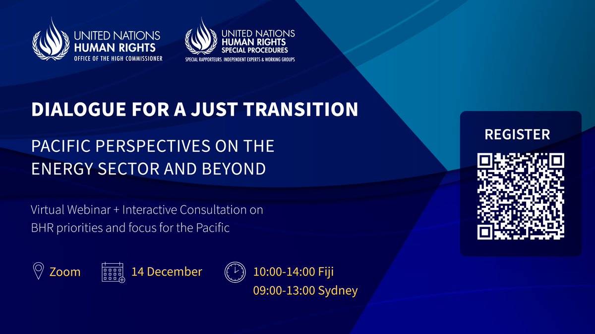 Join the virtual dialogue for the Pacific for a #JustTransition on 14 December 2023. Register here: zoom.us/webinar/regist… @OHCHR_Pacific @BizHRAsia_UNDP @UNSRdevelopment @OHCHRPacific_PR @MacquarieCEL @HumanRightsUNSW #bizhumanrights #ClimateJustice