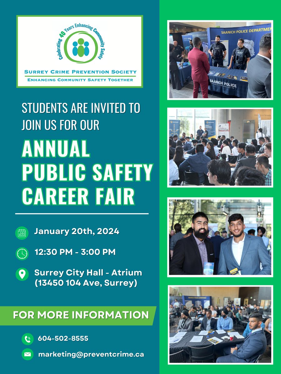 PreventCrimes's tweet photo. 🚨SCPS UPDATE!🚨
Students are invited to join us for our Public Safety Career Fair! Connect with the following agencies: @BCRCMP @surreyps @CalgaryPolice #BCCorrections @NewWestPD @TransitPolice @VancouverPD @deltapolice @lethpolice @BC_EHS #AlphaEchoCoaching @RedLine_Cond 👮 https://t.co/lpFYEXXSqO