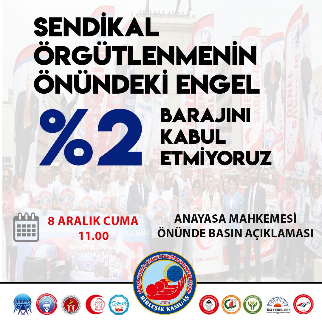 Sendikal Örgütlenmenin önündeki engel %2 Barajını Kabul Etmiyoruz 🗓️8 Aralık Cuma ⏰11.00 📍Anayasa Mahkemesi önünde Basın Açıklaması #yüzde2barajıhukuksuzdur