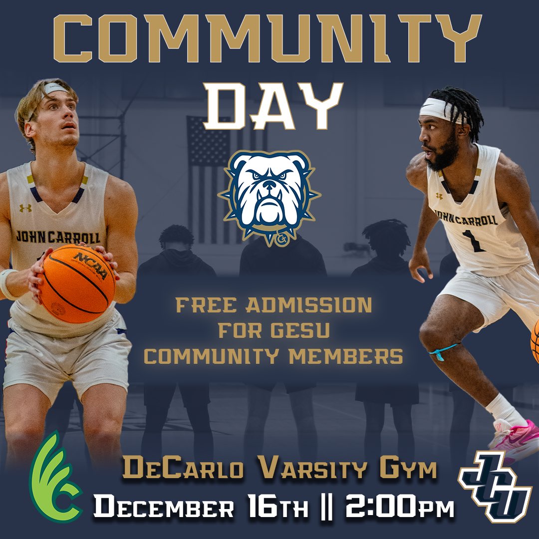 John Carroll Sports (@jcusports) on Twitter photo We’re excited to welcome the <a href="/Gesu_Athletics/">Gesu Athletics</a> Community to our <a href="/JCUMensHoops/">JCU Men's Basketball</a> game on Saturday, December 16!
Show up in your Gesu gear or show this graphic and get in for free! And head over to 4:30 pm mass at Gesu after the game ⚡️
#OnwardOn ⚡️ We’re excited to welcome the <a href="/Gesu_Athletics/">Gesu Athletics</a> Community to our <a href="/JCUMensHoops/">JCU Men's Basketball</a> game on Saturday, December 16!
Show up in your Gesu gear or show this graphic and get in for free! And head over to 4:30 pm mass at Gesu after the game ⚡️
#OnwardOn ⚡️