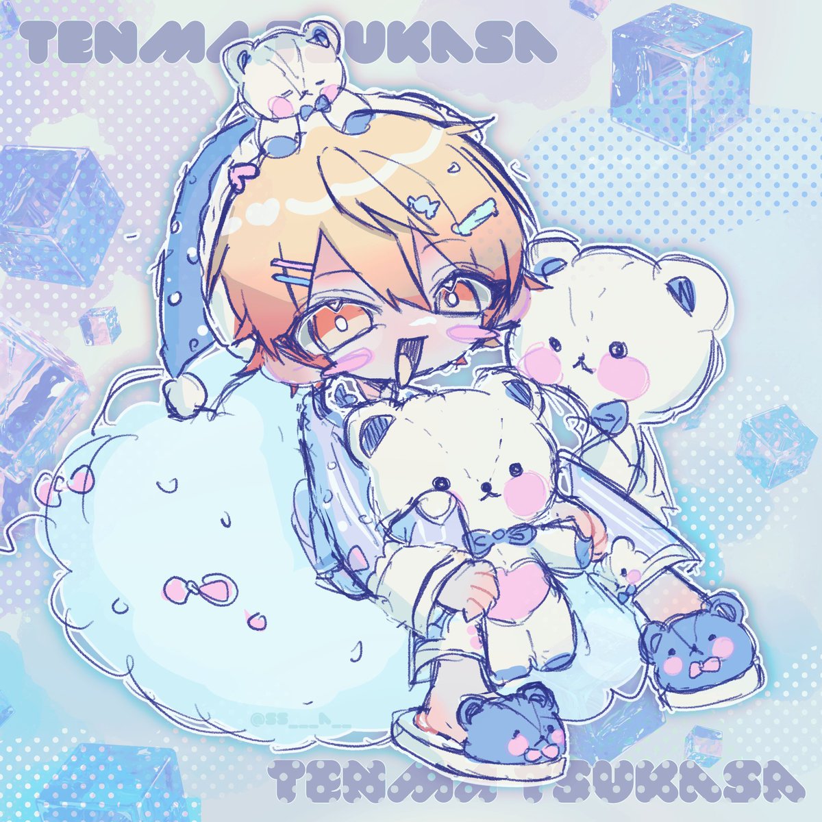 tenma tsukasa stuffed toy 1boy teddy bear stuffed animal male focus slippers pajamas  illustration images