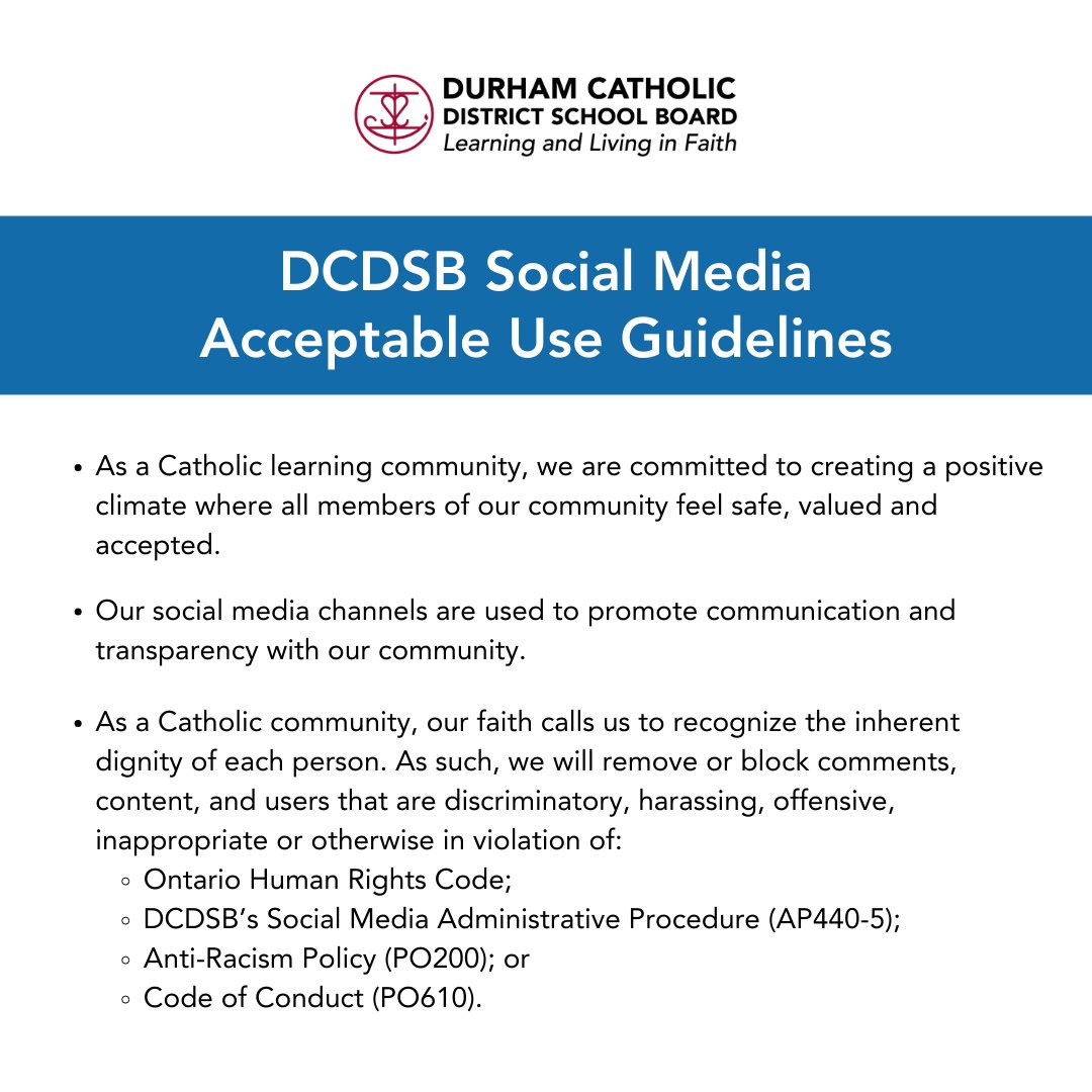 DurhamCatholic's tweet image. We ask that you please review the DCDSB Social Media Acceptable Use Guidelines to help create and maintain a safe space online. Learn more about DCDSB policies and procedures: ow.ly/K8sX50QgmPa