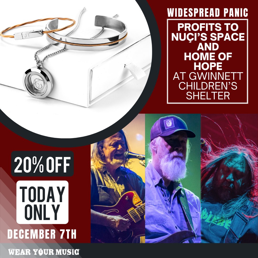 FLASH SALE: Today only! Save 20% on all guitar string jewelry made from strings used and donated by Widespread Panic. Profits to @nucisspace and @homeofhopegcs. Only available at @wearyourmusic: bit.ly/3PBKMS5