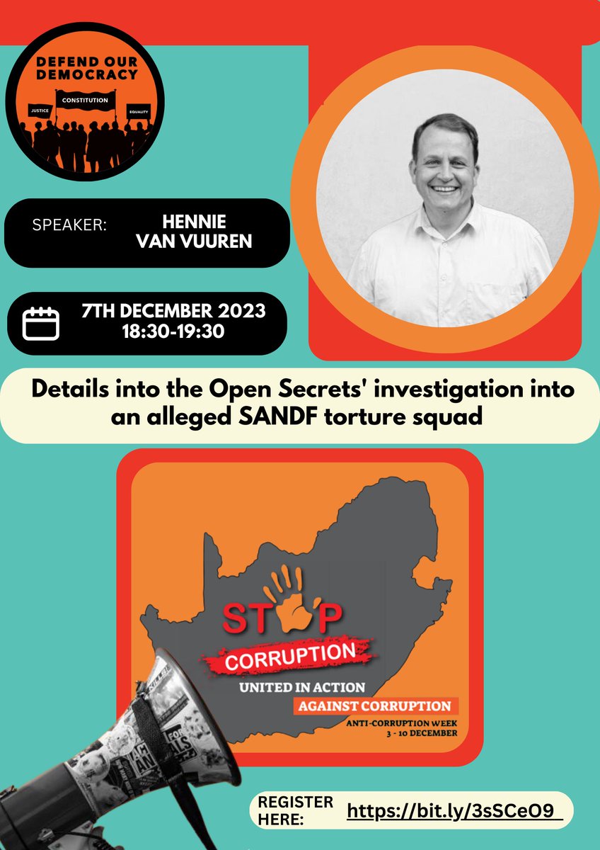 URGENT! 'Details into the Open Secrets' investigation into an alleged SANDF torture squad' Please join us tonight for a briefing session with @hennievvuuren from @OpenSecretsZA Date: 7th December 2023 Time: 18:30-19:30 Register here: bit.ly/3sSCeO9