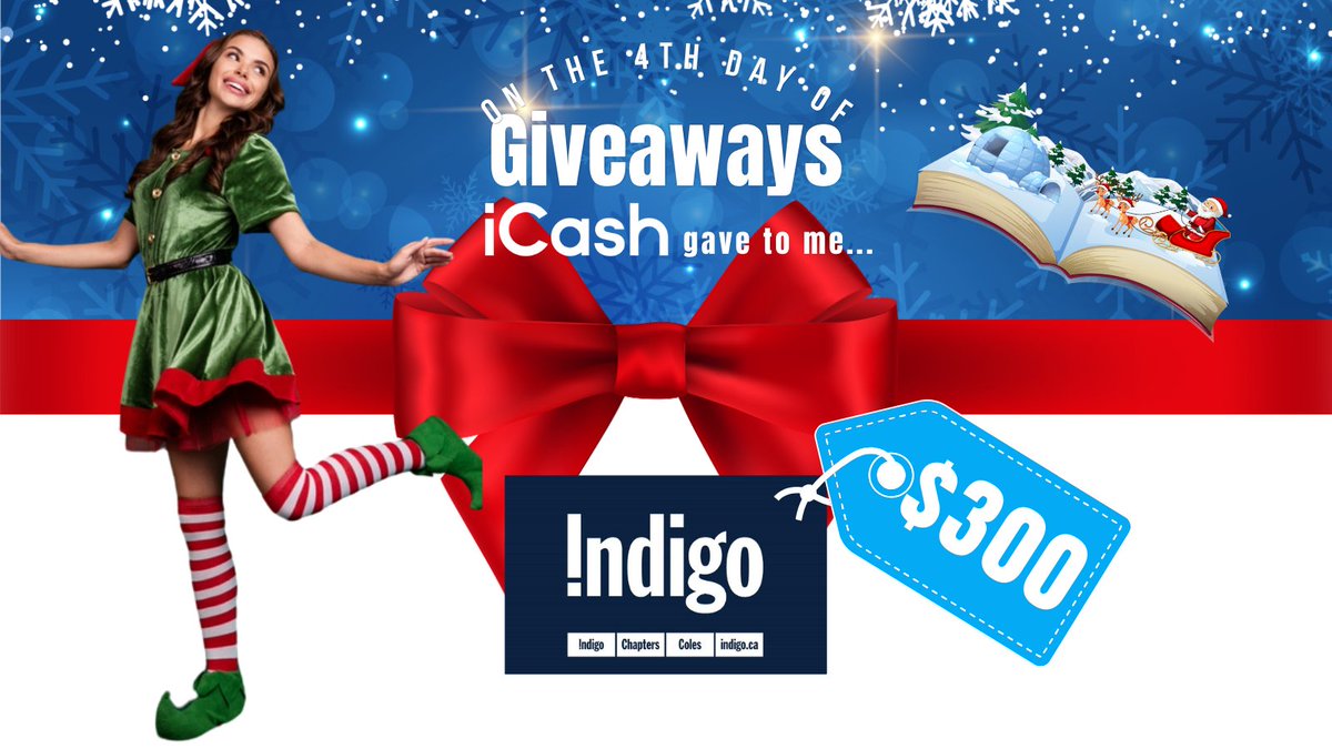 ✨🐦 iCash 12 DAYS OF #HOLIDAY #GIVEAWAYS ✨🐦
Day #4 🏆 $3,500 in prizes to be won!
Today’s prize:
🏆 $300 Chapters Indigo e-gift card!
#entertowin :
🐦 Head over to contest.icash.ca 
#holidaygiveaways #holidaymiracles #christmasmiracles #12DaysofGiving #iCash