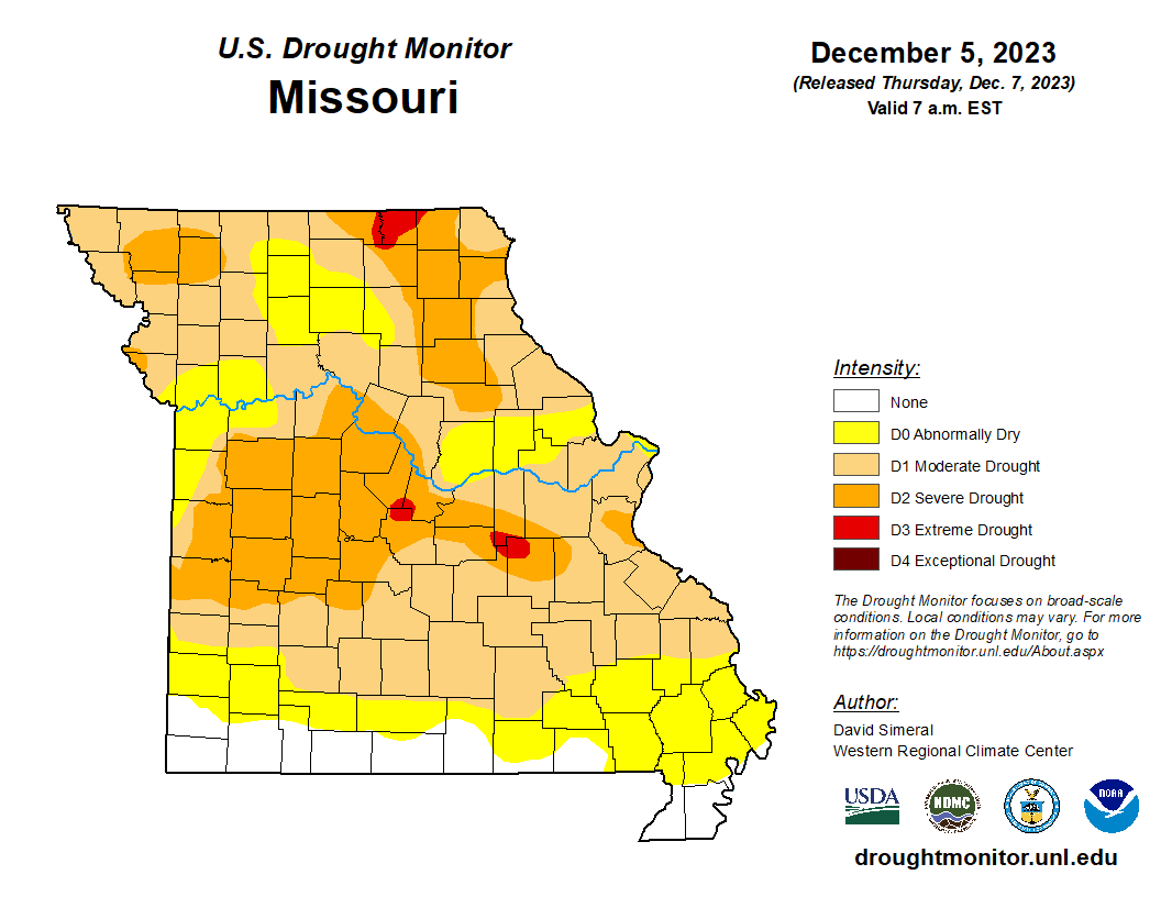 The U.S. Drought Monitor shows 91.88% of Missouri is experiencing drought conditions, with nearly 1% of the state in extreme drought. Over four million Missourians live in drought-affected areas.

Submit drought condition information from your area at ow.ly/gYYu50P54ex.