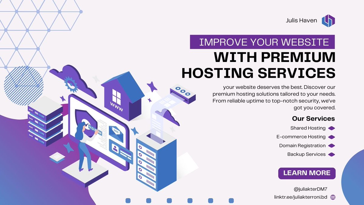 JuliakterDM7's tweet image. Reliability meets performance. Elevate your website with premium hosting for unmatched speed, security, and support. Power up your online presence effortlessly.
#PremiumHosting #QualityWebHosting #TopNotchHostingServices #HighPerformanceHosting #ReliableHostingSolution