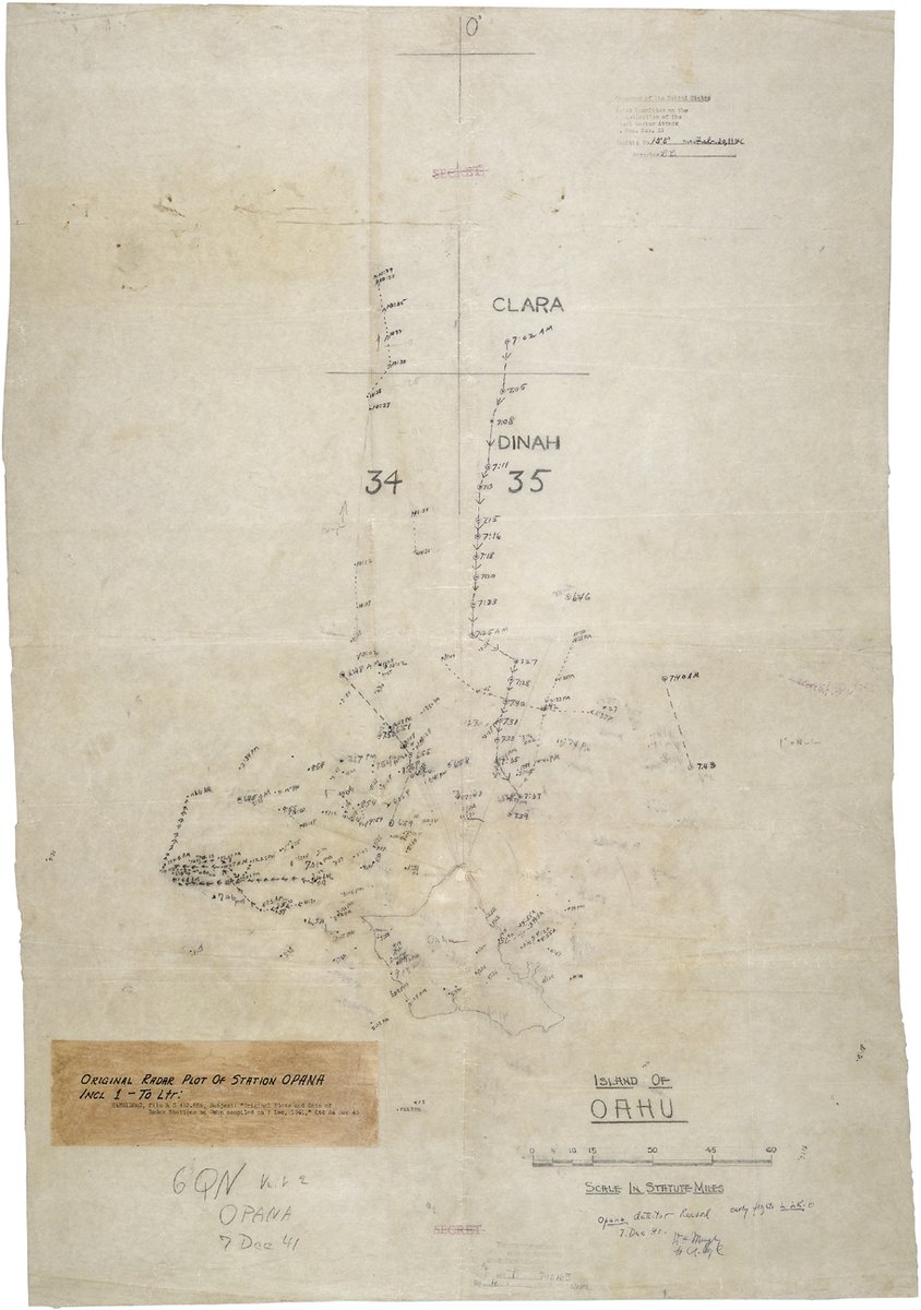 The 22 x 31-inch radar plot was made by Private Joseph L. Lockard at the Opana Radar Station on the morning of December 7, 1941. It indicated a large number of aircraft approaching the island of Oahu. 

archives.gov/legislative/fe…

#PearlHarbor