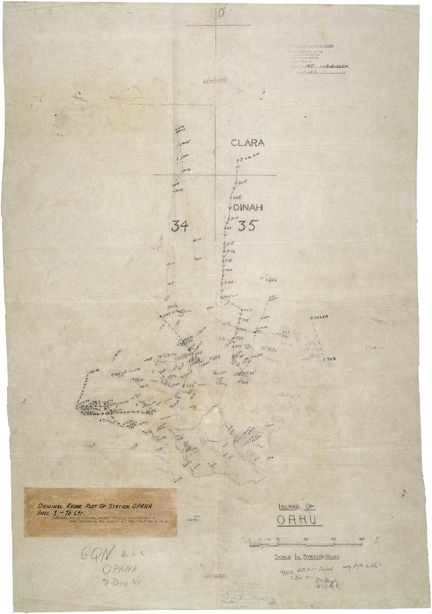 The 22 x 31-inch radar plot was made by Private Joseph L. Lockard at the Opana Radar Station on the morning of December 7, 1941. It indicated a large number of aircraft approaching the island of Oahu. archives.gov/legislative/fe… #PearlHarbor