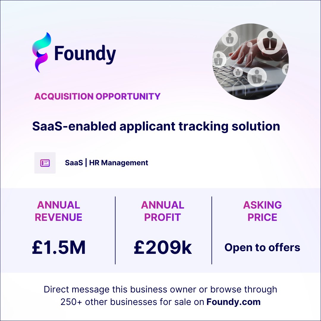 foundyglobal's tweet photo. 👀 Acquisition opportunity - SaaS applicant tracking solution 

Learn more about this business: https://t.co/RobOylIHeK

#businessopportunity #acquisition #recruitment https://t.co/5iERigP5Hj