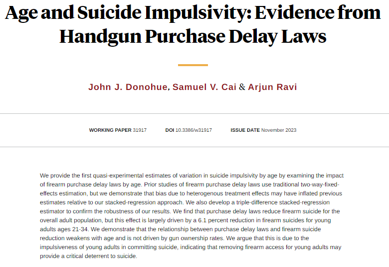 nberpubs's tweet photo. Purchase-delay laws reduce firearm suicide for the overall adult population, but the effect is largely driven by a 6.1 percent reduction for young adults ages 21–34, from John J. Donohue, Samuel V. Cai, and Arjun Ravi https://t.co/KMJnPCeUrv https://t.co/EPNZlCOeJZ