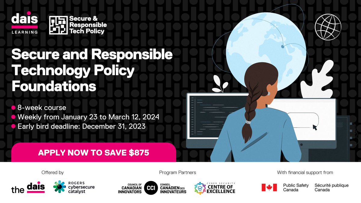 The Secure and Responsible Tech Policy (SRTP) program by <a href="/daisTMU/">the Dais</a> is back!

Develop the skills you need to critically assess tech policy issues in this 8-week micro-credential course.

Learn more + apply: bit.ly/3GvJUZI

#TechForGood