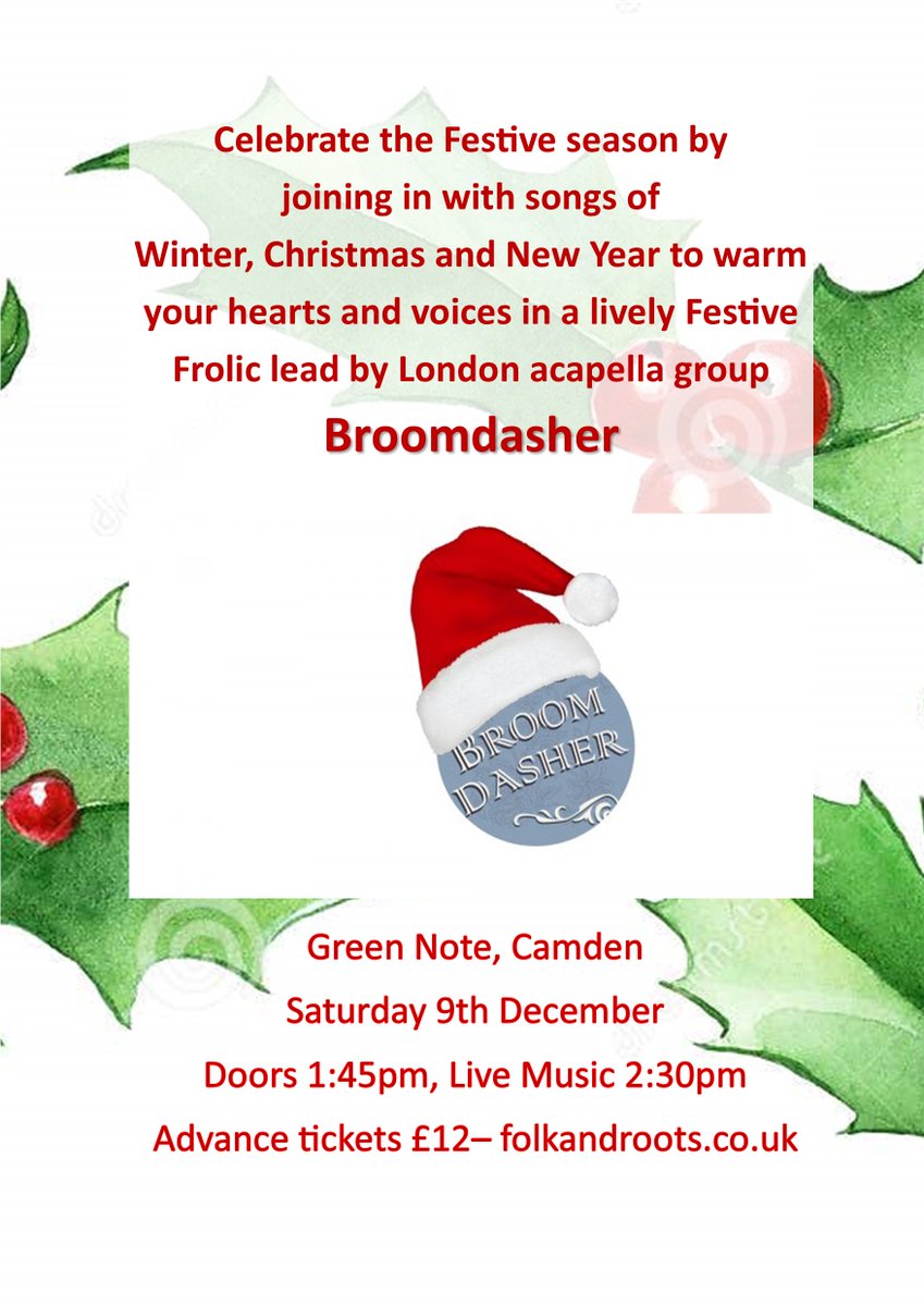 This Sat (9th Dec) Broomdasher's Festive Frolic @GreenNote #camden #London bring your silly jumper and your hat - tickets via folkandroots.co.uk Songs, stories, carols, crackers – and prizes for the best seasonal jumpers and hats! #londonmusic #londongigs #primrosehill