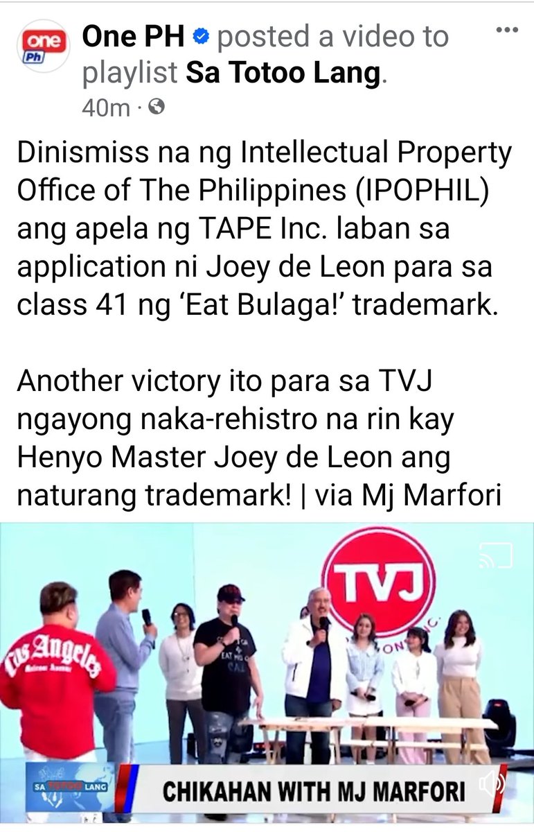 JamesVelinaLXIX's tweet photo. Another victory for TVJ and genuine Eat Bulaga!

Screenshot from Fb page of One PH . 📸📸📸📸 https://t.co/3PZBhEq0Aq