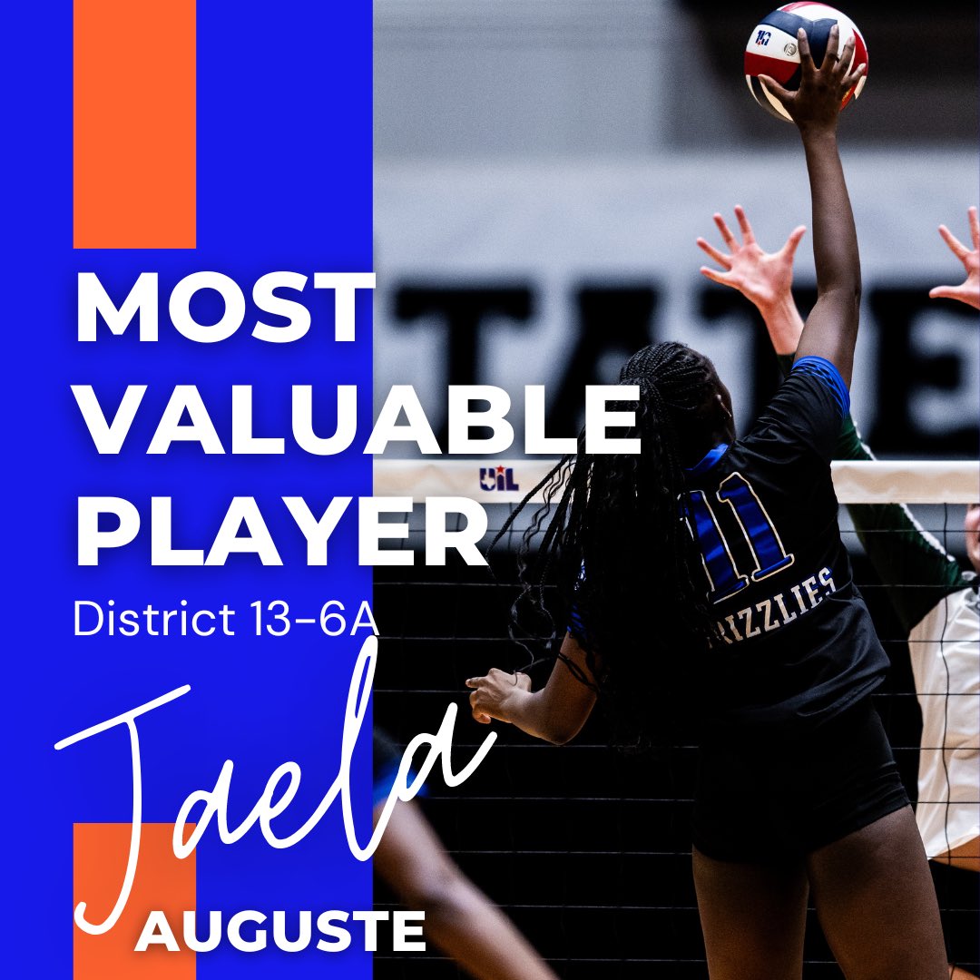 Congratulations to Jaela Auguste (Sr) for being named as the District 13-6A MOST VALUABLE PLAYER! What a special season & career for a very special player! A true offensive AND defensive threat who brought it each and every match! We are so proud of you! #legacyleft 🧡💙