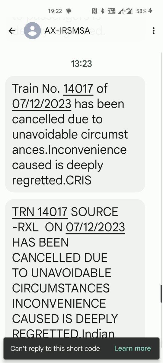 Rajeev1423's tweet photo. I have to travel tomorrow morning train no 14017 on 08-12-2023.PNR NO 612 521 5121 without intimation prior they cancelled train and they not provide any other train . They send me wrong message also screenshot attached in it my ticket is 8 12 23 bt they send msg 07 12 23. https://t.co/4T33KJ5N0Z
