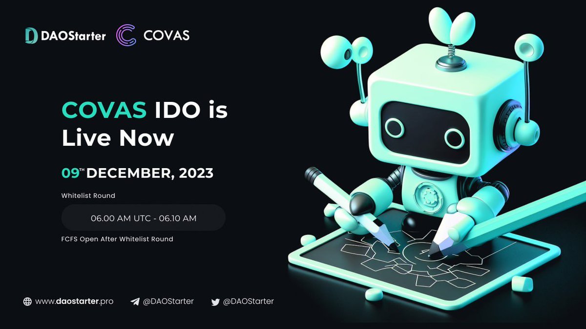 🚀 Exciting News! 🚀

🕒 The Covas IDO is now live! 🌐🔥

📅 Starting: Dec 9th, 2023, 6:00 AM UTC

⏰ Deadline: Dec 11th, 2023, 6:00 AM UTC

Get ready to participate in the future of Covas! 🚀💎