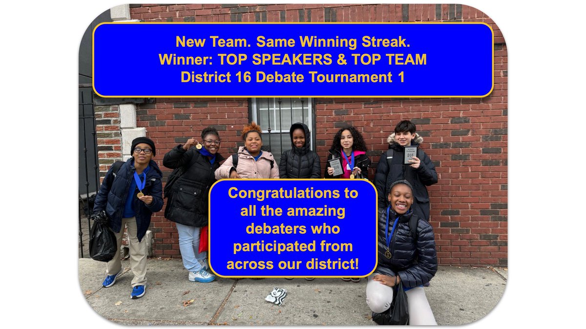 Congratulations to our amazing #MS267 debate team! They won BIG at the first #D16 tournament! So proud of all our new and returning champions! Big shout out to all the #D16 debaters and schools that participated and won! So proud of our #district16 family! @d16leads