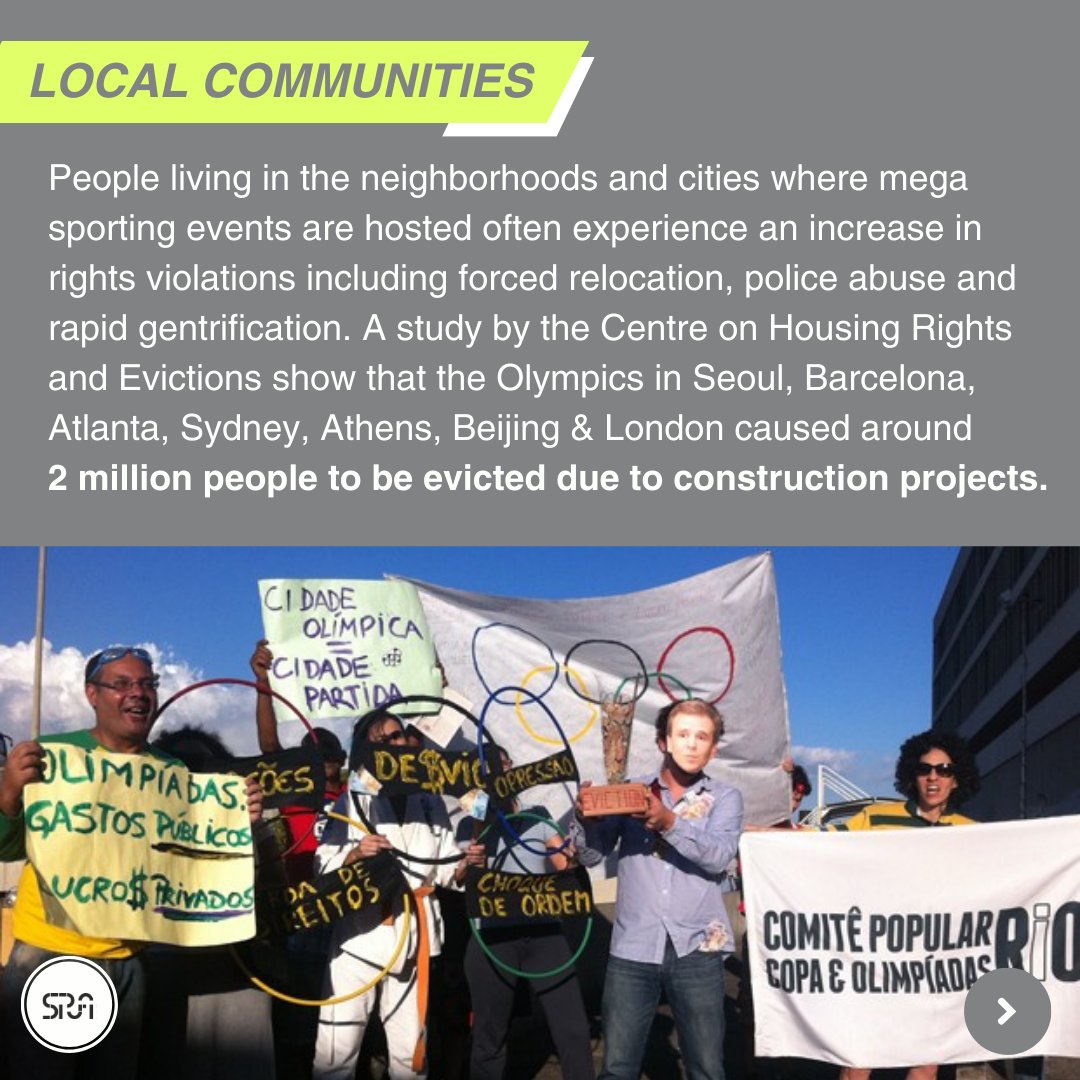🏞️ Local communities living in cities that host mega sporting events often face abuses such as forced relocation, police brutality and gentrification. Sport governing bodies &amp; event organizers must take steps to avoide these harms &amp; ensure access to remedy.

#HumanRights75