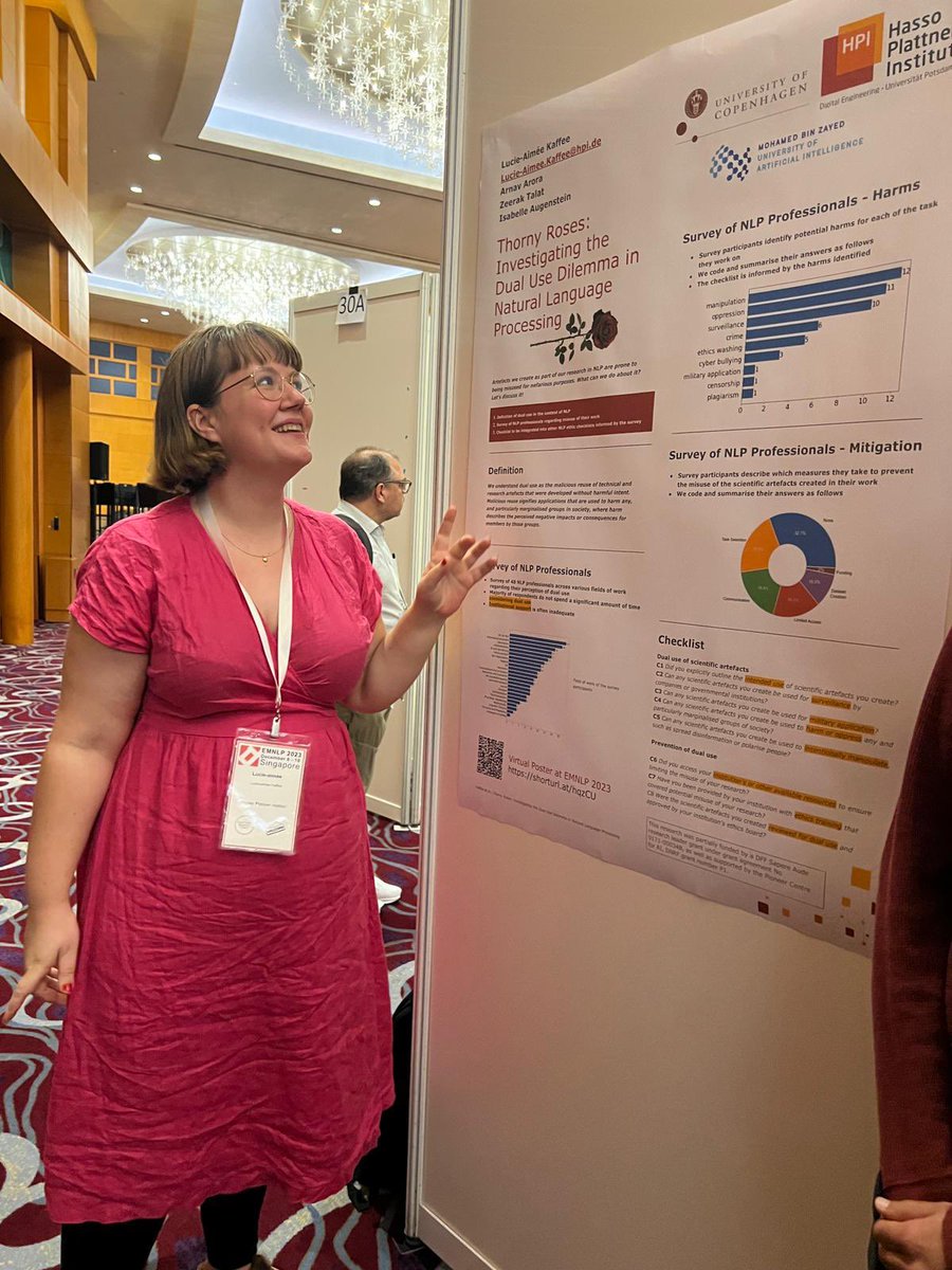 Thanks everyone who passed by our poster today, so many inspiring discussions and exciting input to our work. Find the #EMNLP2023 findings paper on “Thorny Roses: Investigating the Dual Use Dilemma in NLP” here: arxiv.org/abs/2304.08315 or meet us at the virtual poster session!