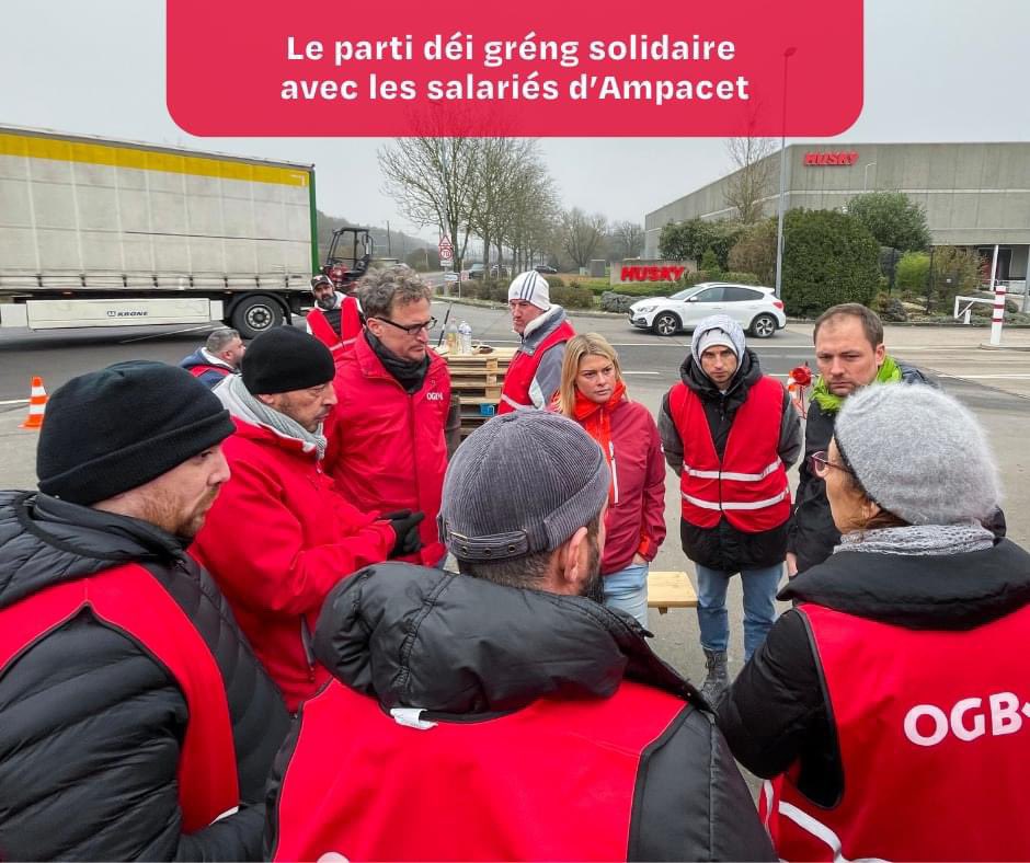 La présidente du parti <a href="/deigreng/">déi gréng</a>, <a href="/BernardDjuna/">Djuna Bernard</a>, et son camarade de parti François Benoy se sont rendus ce matin sur le piquet de grève devant l’entreprise Ampacet à Dudelange pour exprimer leur solidarité avec les salariés en #grève depuis désormais 11 jours.