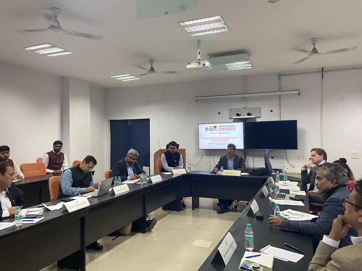 ORCA_India's tweet photo. Team ORCA hosted Dr. @DaveShullman, Senior Director at the @ACGlobalChina, @AtlanticCouncil today at JNU, New Delhi, for a closed-door roundtable discussion on “China’s Global Initiatives Underscoring its New Era Ambitions.” The roundtable saw meaningful dialogue between Dr. Shullman and @avingodb, Dr. Swati Arun, @mrajivranjan, Dr. T. G. Suresh, @rakesharma15, Dr. Monish Tourangbam, who shared their valuable insights on China’s GSI, GDI and GCI. 

Special thanks to @BDeepak110 for moderating the discussion.