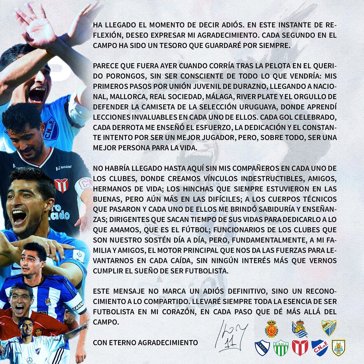 Muchas gracias infinitas ⚽️💫
<a href="/crPORONGOSfc/">C.R.Porongos F.C</a> <a href="/cariverplateuru/">C. A. River Plate</a> <a href="/Nacional/">Nacional</a> <a href="/Csujuvenil/">Centro Sportivo Unión Juvenil</a> <a href="/RealSociedad/">Real Sociedad Fútbol</a> <a href="/RCD_Mallorca/">RCD Mallorca</a> <a href="/MalagaCF/">Málaga CF</a>