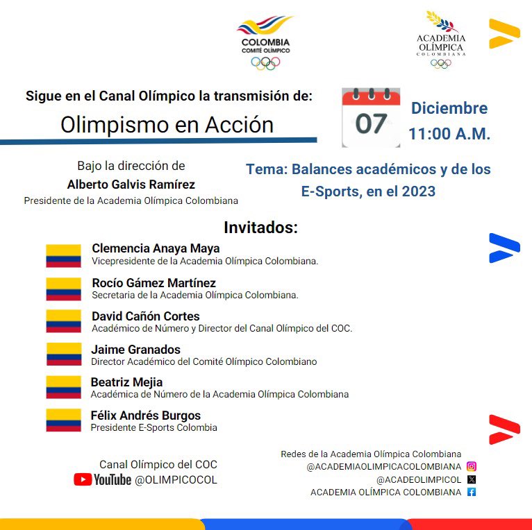 AcadeOlimpicol's tweet photo. Saludo Olímpico, 
Los invitamos a seguir el Programa institucional "Olimpismo en Acción" del día de hoy, a través del Canal Olímpico de YouTube del Comité Olímpico Colombiano.
.
#OlimpismoColombia https://t.co/0ngE8xwAGI