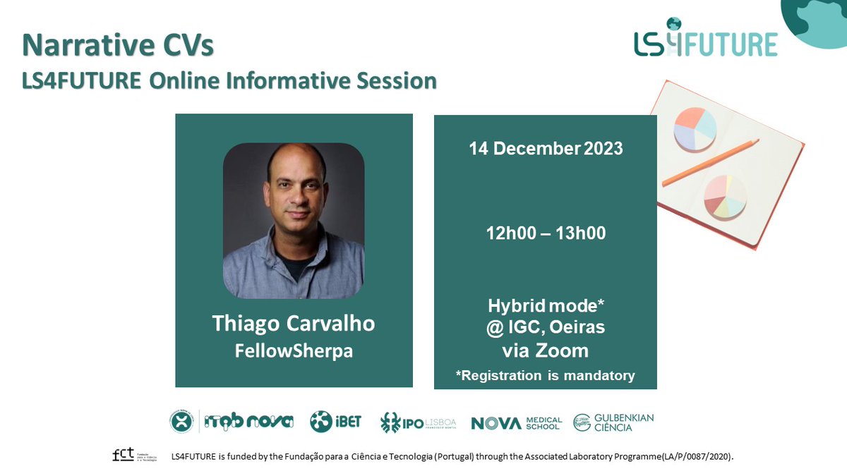 Many research funding agencies are embracing the #narrativeCV into their evaluation processes. We invite LS4FUTURE members to join the next #LS4FUTURE Online Info Session with Thiago Carvalho to get familiar with this CV format. Info and registration 👉 bit.ly/LS4F_Narrative…