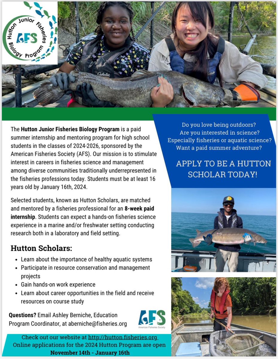 It’s that time of year again! The parent society is sponsoring the Hutton Junior Fisheries Biology Program for select high schoolers. Apply today!! #fishscience #huttonscholar #americanfisheriessociety
