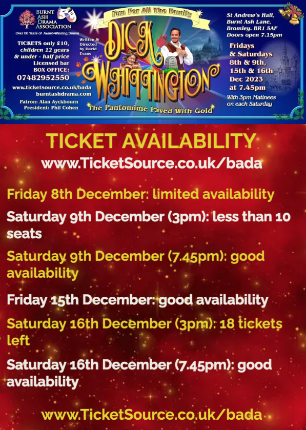 drama_ash's tweet photo. ONE DAY TO GO until Dick Whittington goes in front of an audience for the first time!  Grab those tickets to this hilarious production from https://t.co/tMhTjfDgbT or 07482 952 550.
It really is a fun, affordable (£10 and £5 tickets), brilliant pantomime!
#BADAWhittington https://t.co/CsLEhOmJAB