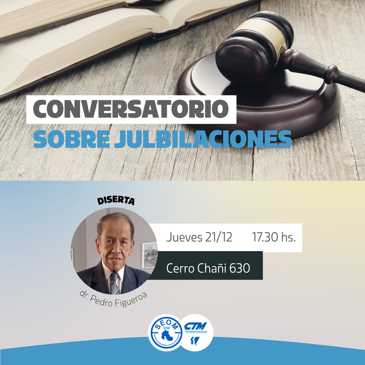 ▪️Convocamos a las compañeras mayores de 50 y compañeros mayores de 55, así como a todos los obreros a punto de jubilarse a participar de este conversatorio, despejaremos dudas y preguntas relacionadas a jubilaciones.

👉21 de diciembre del 2023

▪️A cargo del Dr. Pablo Figueroa