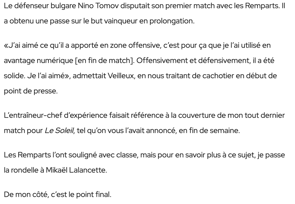 Et voilà, c'est fait. J'ai complété ma dernière assignation comme journaliste <a href="/lesoleildeqc/">Le Soleil</a> en couvrant le match des <a href="/quebec_remparts/">Remparts de Québec</a>, mercredi. Voici mon (dernier) texte et en conclusion, la preuve d'avoir rempli le défi lancé par mes amis.
lesoleil.com/sports/hockey-…