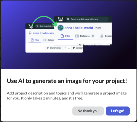 TheRealDagsHub's tweet photo. 🌟 New DagsHub #dev_update ! [7.12.23] 🌟

🔁 Connect empty repos after creation for more flexibility. 

🤖🎨 AI-generated images now for all public repos! Make your project stand out. 

🐍📚 Brand new, accessible Python client library docs are here!

Stay tuned for more 🚀 https://t.co/rEMoQjgmdT