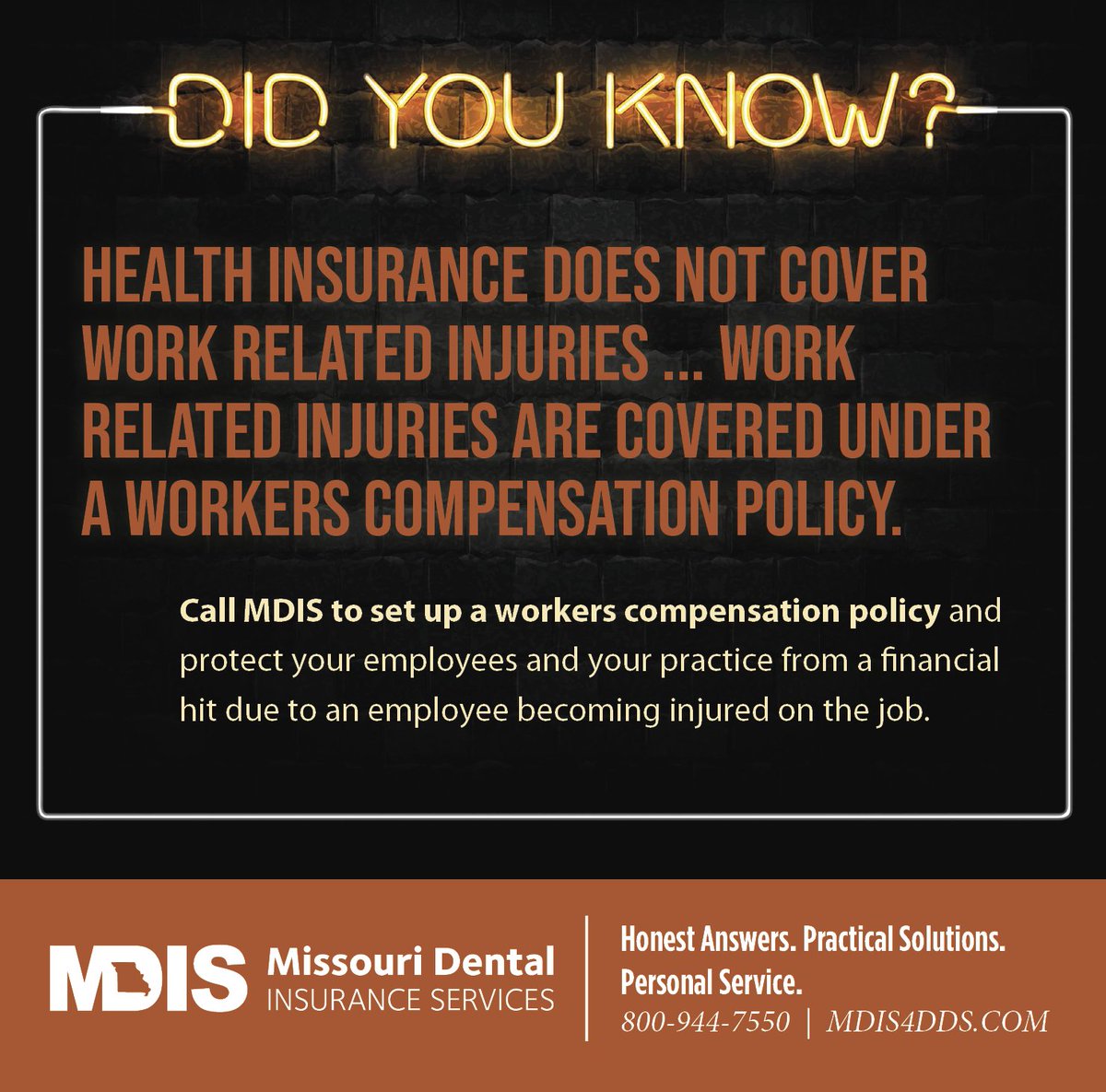 MDIS4DDS's tweet photo. If you do not have a workers’ comp policy, let MDIS help you protect your people and your practice. Call today to talk with Lindsey, 573-636-8752. https://t.co/okZE60B8EK