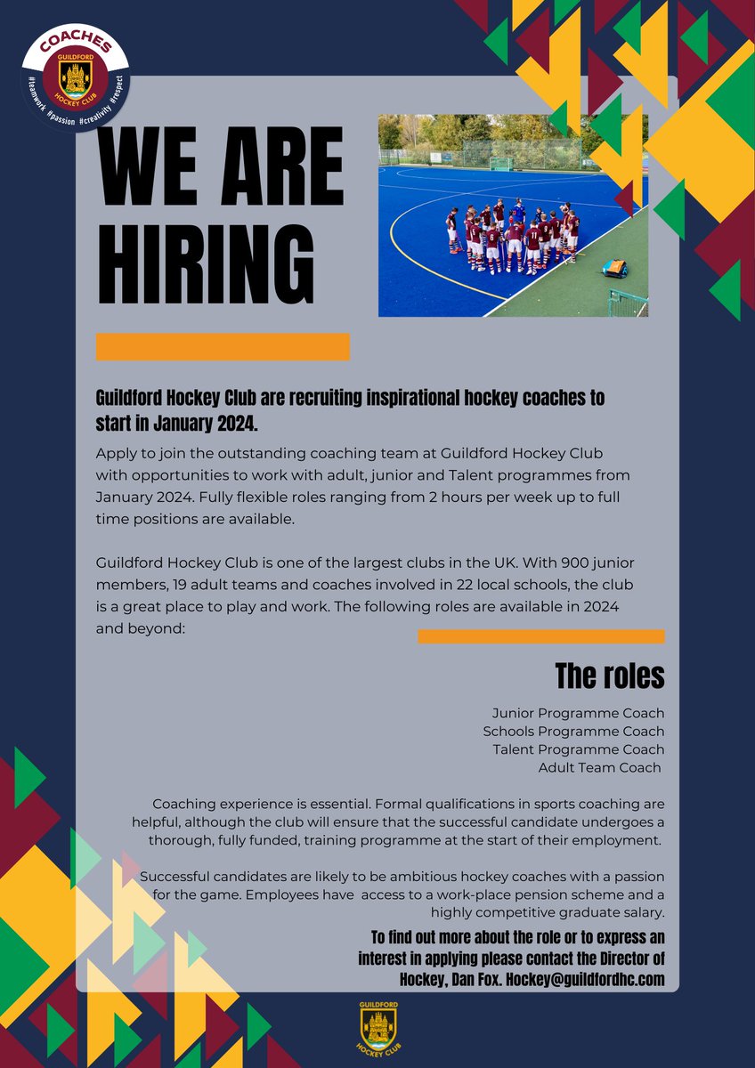 There are opportunities to join the coaching team at <a href="/EnglandHockey/">England Hockey</a> 's Club of the Year, <a href="/Guildfordhc/">Guildfordhc</a>

Start dates are from this January, as well as GAP year and grad roles from September 2024. 

Please get in touch to find out more or share this opportunity.
#coaching #Hockey
