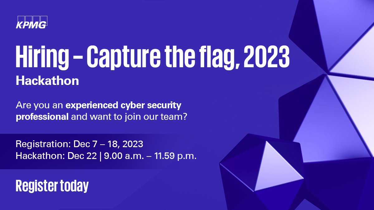 KPMGIndia's tweet photo. Are you an experienced #cybersecurity professional? @KPMGIndia invites you to showcase your problem-solving skills in a #hackathon 💻 and stand a chance for an interview with our ✨cyber security team ✨! Register today. Click 👉 https://t.co/Hb1om1qORK | #KPMGCyber https://t.co/AlNcC4rceY