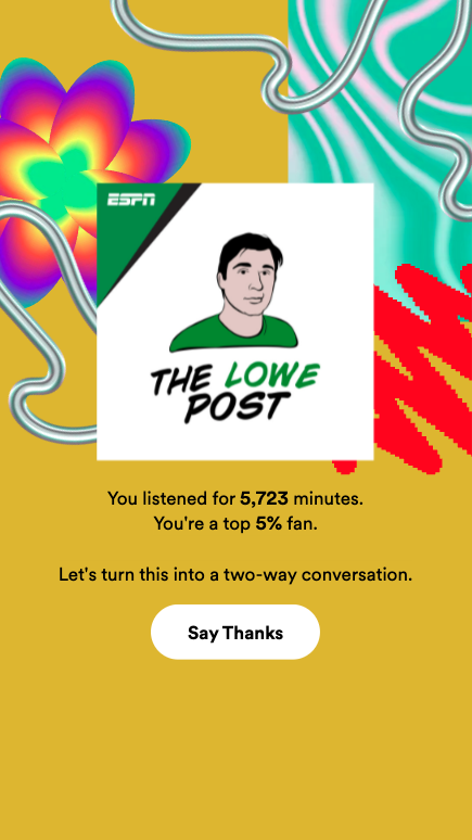 DrakeSenter's tweet photo. @ZachLowe_NBA, @Spotify says I'm in the top 5% of listeners this year! Those 5,723 minutes helped me with four road trips, morning dropoffs, and workouts. You do great work! 

 #SpotifyWrapped

P.S. this super fan knows the greatest words in niche sports radio is "what up, Beck?" https://t.co/K6j5cmj8KS