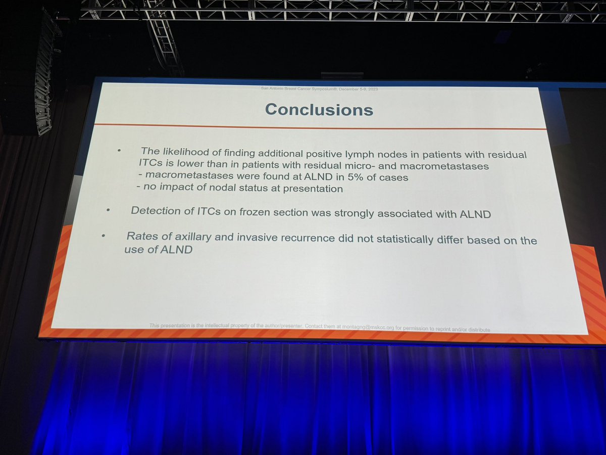 ❓Should we be dissecting axilla in pts with residual ITCs after neoadjuvant chemo? ▪️Additional LN found in 30% of cases 😳 👏 Despite this, no diff at 5 years among that had axillary dissection or not. #SABCS23 @SABCSSanAntonio #bcsm