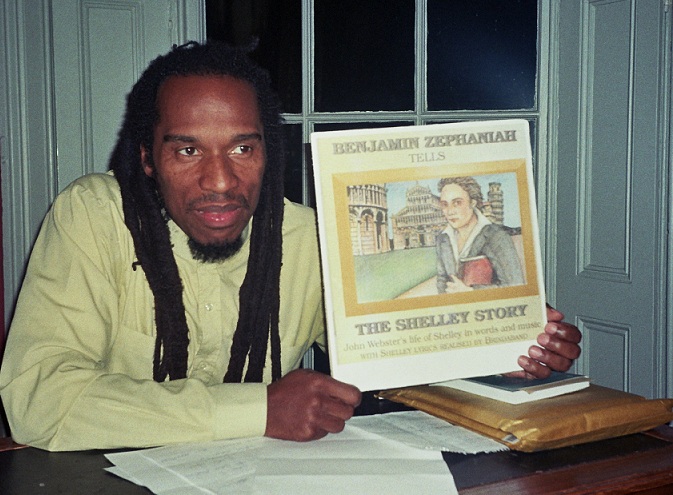 So sorry to hear of Benjamin Zephaniah's death. Privileged to have known him and valued his support - here he is at Keats House giving the Shelley CD we did together a boost. Now can be found as a video on YouTube at youtube.com/watch?v=PQqVFo… Thank you Benjamin RIP