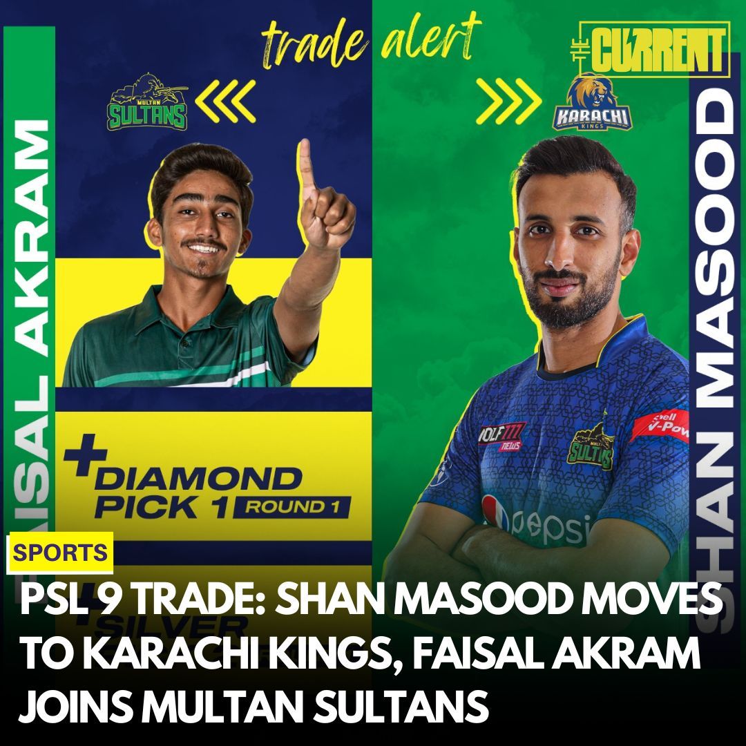 TheCurrentPK's tweet photo. Shan Masood, the top-order batsman from Multan Sultans has joined the Karachi Kings squad, and left-arm wrist spinner Faisal Akram is going to Multan Sultans.
Read More: https://t.co/JafsJguUt4
#thecurrent #psl9 #psltrade #pal9draft #shanmasood #faisalakram https://t.co/wXeq18SaAM